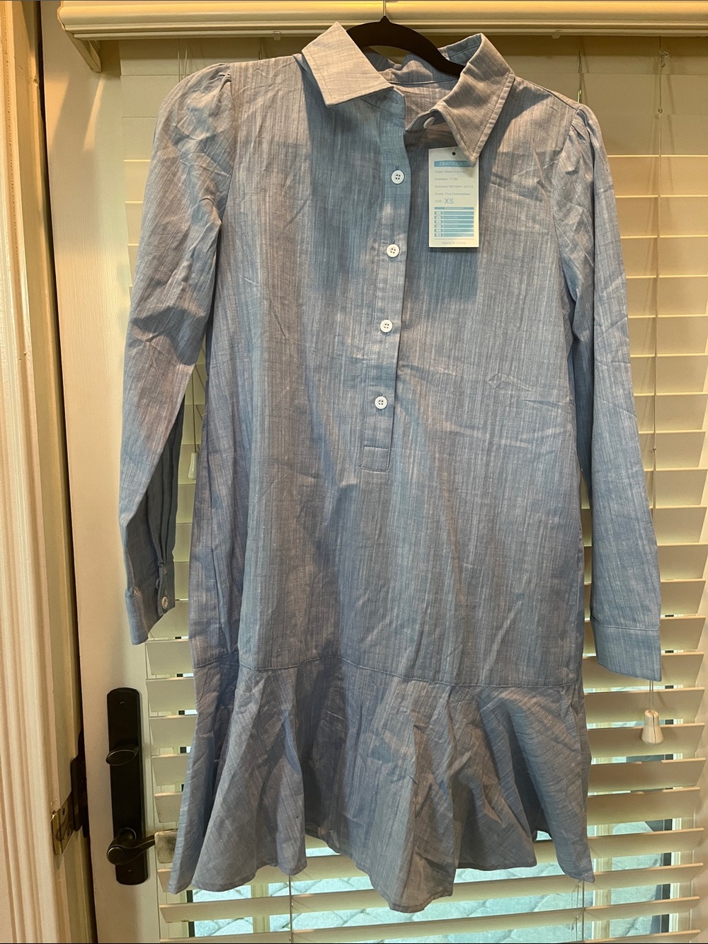 Light Blue Button-Front Ruffle Hem Shirt Dress